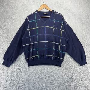 Vintage Baffo Sweater Men's 52 Large Blue Textured Check Striped Italy made 90s